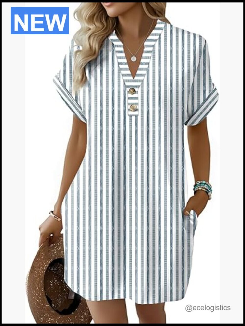 Button Down V Neck Swing Dress with Pockets Summer Casual
